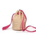Fashion Design Dubai Beach Style Drawstring Closure PU Leather Handle Tassels Ladies Women Beach Bag Straw Handbags